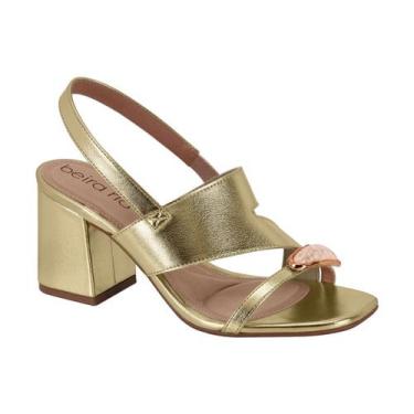Imagem de Sandália Beira Rio Feminina Salto Bloco Médio Metalizada Dourada Confo