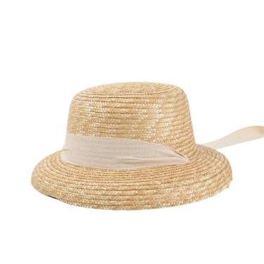 Imagem de Chapéu feminino de palha com alça de palha para primavera verão proteção solar praia estilo hepburn chapéu de palha cor creme M 55-57 cm