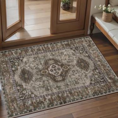 Imagem de Tangsoo Tapetes de entrada laváveis 2x3 vintage antiderrapante para área pequena, tapete para porta da frente interna, tapete de porta envelhecido estampado entrada interna macio tapete baixo para