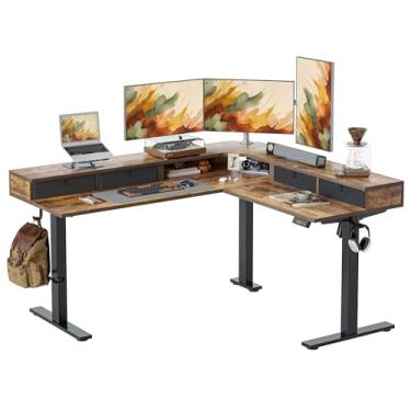 Imagem de TIQLAB Mesa de pé em forma de L 160 x 139 cm altura ajustável, mesa de canto elétrica com 4 gavetas e prateleira superior, mesa de computador com suporte para sentar com placa de emenda, marrom
