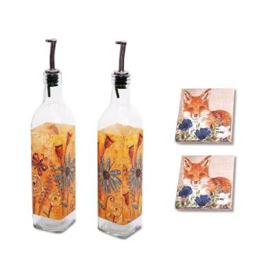 Imagem de Topadorn Conjunto de garrafas dispensadoras de azeite de oliva de 500 ml para cozinha, 2 garrafas dispensadoras de óleo de vidro com despejadores de aço inoxidável, 2 pacotes de papel, borboleta e