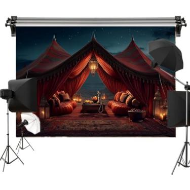 Imagem de Tenda árabe luxuosa de poliéster para fotografia, cenário noturno do deserto vermelho com lanternas, narguilé, frutas e piso de carpete, decoração de festa temática de noites árabes, 2,1 x 1,5 m