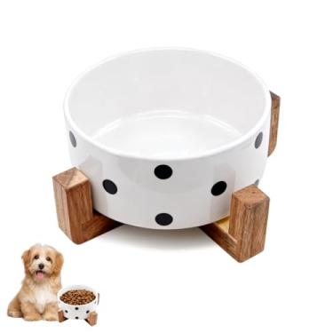 Imagem de Conjunto de tigelas elevadas de cerâmica para cães de 815 g com suporte de madeira de acácia - Tigela de comida de gato com 3,6 xícaras, tigela elevada para animais de estimação, tigelas básicas
