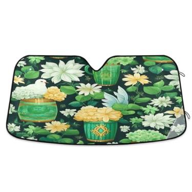 Imagem de Wassud Para-brisa para-sol acessórios de carro dobrável para janela dianteira do carro blocos raios UV plantadores verdes e copos protetor solar refletivo 80 x 144 cm