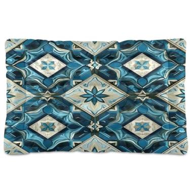 Imagem de Wassud Cama de cachorro pequena lavável com azulejo ornamentado azul, tapetes para cães pequenos, almofada portátil para animais de estimação, cama antiderrapante para cães e gatos, almofada