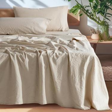 Imagem de SONORO KATE Lençóis de linho puro 100% francês, lençóis de linha respirável e durável, lençóis de cama de linha anti-rasgo, lavável na máquina, bolso profundo de 40,6 cm - 3 peças (linho natural