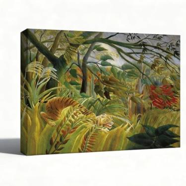 Imagem de Arte de parede em tela, reprodução de pintura a óleo de tigre da selva, arte de parede de vida selvagem tropical, impressão inspirada em Henri Rousseau, decoração de sala de estar boho, decoração de