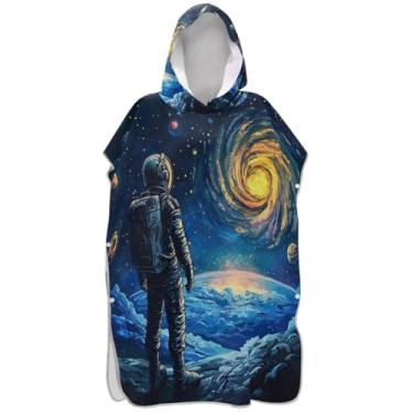 Imagem de Joisal Roupão reutilizável para trocador de poncho de surfe adulto toalha de banho com capuz colorido astronauta estrelas espaço ponchos femininos com capuz