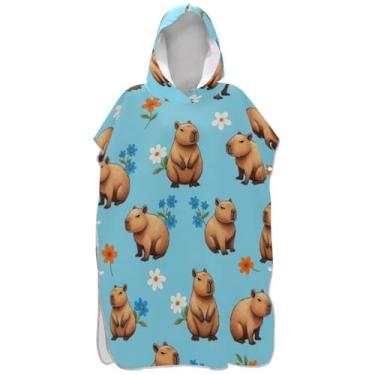 Imagem de Joisal Poncho de surfe trocador de roupão para adultos praia moletom toalha floral reutilizável bonito capivaras azul praia ponchos para homens