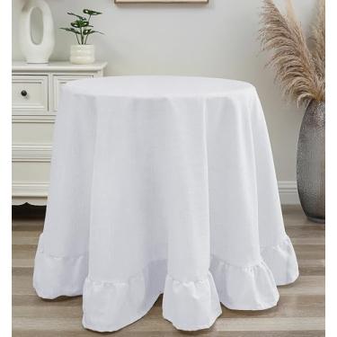 Imagem de Castle Selection Toalha de mesa decorativa redonda de 228 cm para jantar e banquete estilo rústico com borda de linho com babados (branca)