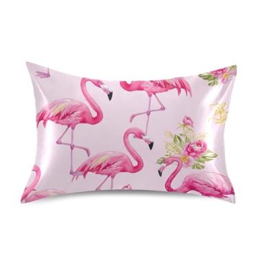 Imagem de Fronhas de cetim com flores vibrantes flamingos rosa impressão divertida padrão de resfriamento king queen fronhas decoração de cama king size 101,6 cm x 50,8 cm