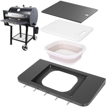Imagem de Prateleira frontal dobrável para churrasqueira Pit Boss 700DX, 700FB, 700FB2 e 800FB2, estação de preparação de 59,9 cm × 31 cm com bacia dobrável, estrutura de aço de 4 camadas, tábua de corte e 5