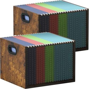 Imagem de Piskyet Organizador de arquivos de madeira para mesa, organizador de pastas de arquivos de malha de metal, caixa de armazenamento com alça para mesa de escritório em casa, tamanho carta, marrom