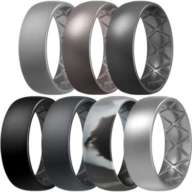 Imagem de Egnaro Aliança de casamento masculina de borracha com design respirável ergonômico de arco interno, 7 anéis, 4 anéis, 1 anel, anéis de compromisso, 8 mm de largura - 2,5 mm de espessura, 7(17.35mm),
