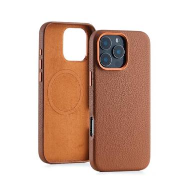 Imagem de Zoof Capa de couro genuíno para iPhone 16 Pro Max (6,9 polegadas), capa de couro lichia elegante com forro de fibra macia, proteção de tela labial, compatível com sela MagSafe marrom