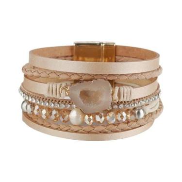 Imagem de Pulseira de pérolas naturais para mulheres, cascalho couro, cristal fr