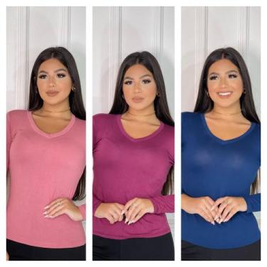Imagem de Kit 3 blusas femininas manga longa gola v inverno - GK TODA BELA, Rose