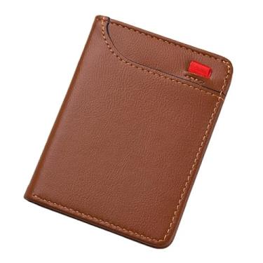 Imagem de Carteira masculina fina de couro com janela para identidade, mais de 6 compartimentos para cartões e carteira de motorista, design compacto ultrafino para bolso frontal (5 cores), Marrom claro, Retrô