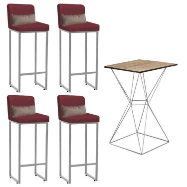 Imagem de Kit Mesa Bistrô E 4 Banqueta Alta Bordô E Almofada Bege