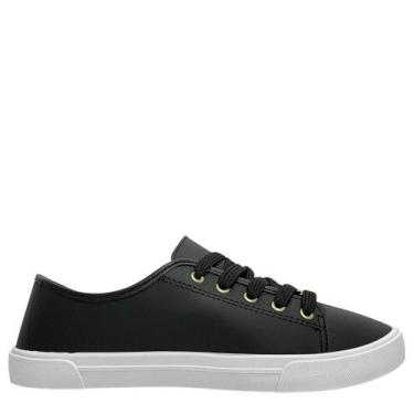 Imagem de Tênis Casual Feminino Moleca com Detalhes Dourados Confortável, Preto,