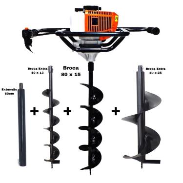 Imagem de KIT Perfurador de Solo Vulcan VPS520-S 2T 52CC 2,5HP com Broca 80x15cm + Brocas Extras 80x12cm e 80x25cm + Extensão Extra 60cm com Pino Trava