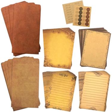 Imagem de Conjunto de envelopes CenterZ vintage de papel estacionário + envelopes Kraft com adesivos de vedação, 64 peças 4 padrões 8,3 x 5,7 papéis de papelaria de escrita + 20 peças 2 cores 7,9 x 4,7 envelope de letras + 36 peças 2 estilos de vedações rústicas, [02] 120pcs Stationary Kit
