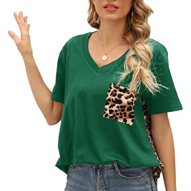 Imagem de Camiseta Feminina Com Decote Em V, Bolso No Peito Com Estampa de Leopardo Camiseta Respirável Folgada Manga Curta Estilo Casual para Exterior (XXL)