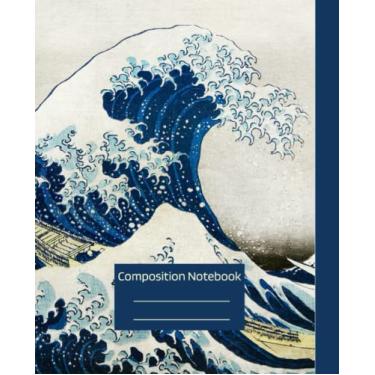 Imagem de Caderno de composição canhoto – Estética fofa vintage The Great Wave at Kanagawa, ilustração Katsushika Hokusai (edição hebraico)