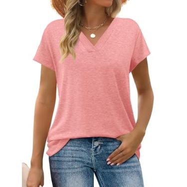Imagem de Auremore Camisetas femininas de verão, manga curta, gola V, soltas, casuais, Rosa coral, GG