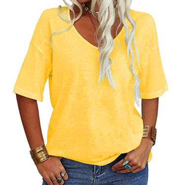Imagem de Blusa feminina de manga 3/4, gola V, caimento solto, casual, cor sólida, túnica básica moderna de verão, Ofertas relâmpago amarelo, P