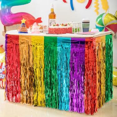 Imagem de Decorações de festa arco-íris cintilantes, saia de mesa colorida ondulada arco-íris metálico com franja para decoração de festa de formatura de aniversário de unicórnio para decoração de festa de