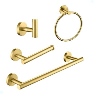 Imagem de Kit de Acessórios para Banheiro Aço Inox Acabamento Redondo Dourado Escovado 4 Peças