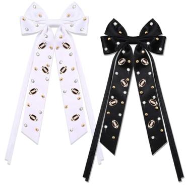 Imagem de 2 peças de laços de cabelo de futebol, acessórios de dia de jogo, roupas para mulheres, presilhas de cabelo para dia de jogo de futebol grande, branco, preto, cetim sedoso, fitas presilhas de cabelo,