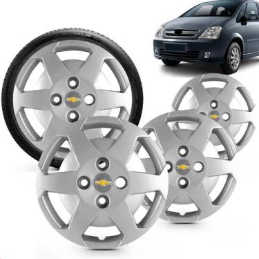Imagem de Kit 4 Calotas Meriva Aro 14 Prata Cubo Baixo Grid + Adesivo Resinado 4