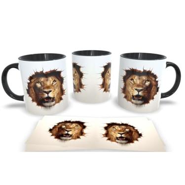 Imagem de Caneca Preta de Porcelana Personalizadas Arte Espelhada em 3D Animais (Leão 3)