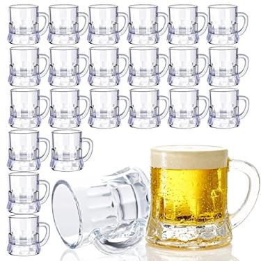 Imagem de JUXINGDAZYF Caneca de cerveja de plástico 50 g, 24 peças mini copos de dose de caneca de cerveja, mini canecas de cerveja transparentes de base pesada, copos pequenos de plástico para bebida de festa, cerveja, uísque, tequila, vodka (plástico)