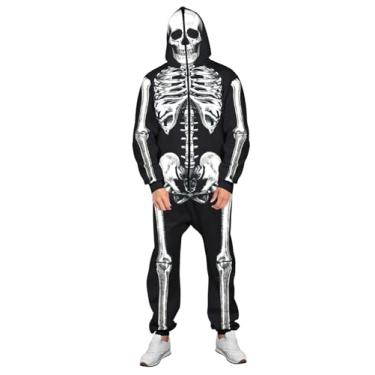 Imagem de Roevite Macacão feminino masculino de esqueleto de Halloween com zíper e esqueleto de Halloween, Esqueleto branco 3D, Large-X-Large