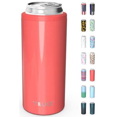 Imagem de TILUCK Cooler de lata skinny para cerveja fina e seltzer duro, aço inoxidável, latas finas isoladas de aço inoxidável de parede dupla, padrão de 355 ml (coral brilhante)