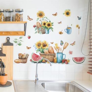 Imagem de Adesivos de parede de utensílios de cozinha com girassol, flor, pão, morango, melancia, borboleta, decalques de parede removíveis de vinil, descascar e colar, cozinha, jantar, restaurante,