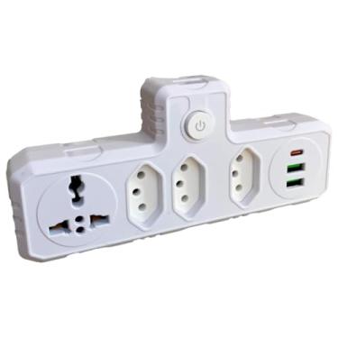 Imagem de Adaptador Extensão Tomada Filtro de Linha Régua Energia Elétrica 4 Tomadas 2 USB 1 USB-C 110-220V Potência 2500W 10A Carregamento Inteligente Proteção Anti-chamas (BRANCO)