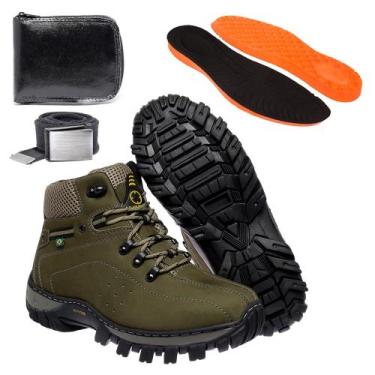 Imagem de Kit Bota Coturno Adventure Masculino Oliva em Couro e Solado Costurado