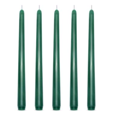 Imagem de Conjunto de 5 velas cônicas verdes, sem cheiro, 25 cm de altura, castiçais de cera fina de cor sólida para decoração de mesa de jantar, festa de casamento, dia de São Patrício, 8 horas de queima