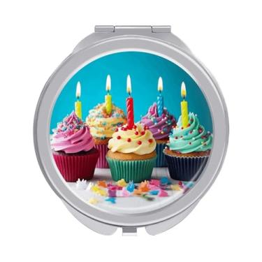 Imagem de LKHDS Espelho de maquiagem iluminado para viagem, cupcakes coloridos de feliz aniversário, compacto, dobrável, espelho pequeno de viagem, espelho de bolso, ampliação 1x/2x, espelho portátil de