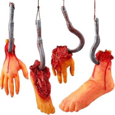 Imagem de Octaday 4 Pieces Fake Human Severed Hands Feet Set Horror Bloody Realistic Fake Broken Body Parts with Rope Hook for Halloween Decoration Prank Props