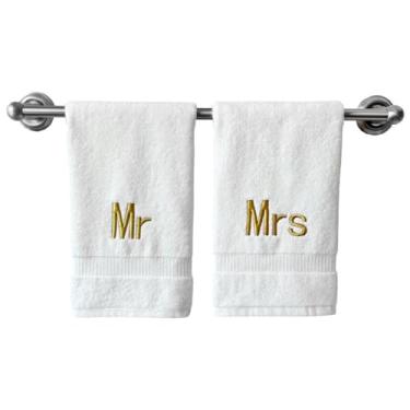 Imagem de Toalhas de mão brancas com monograma para banheiro - Toalha bordada inicial personalizada de qualidade de hotel de luxo para lavabo, spa - Certificado orgânico GOTS - Conjunto de 2 Gold Mr & Mrs