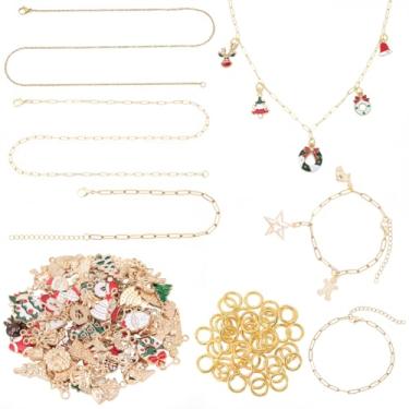Imagem de SOFPLATE 1 caixa, 207 peças, kit de fabricação de joias de Natal, kit de pulseiras de corrente de latão de aço inoxidável com anel de salto, pingentes de esmalte de Natal para fazer joias, artesanato