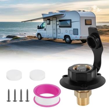 Imagem de Entrada de água RV City com válvula de retenção, fêmea 3/4 NH para 1/2 NPT macho flange preta RV entrada de água doce, entrada de conexão de água RV de latão sem chumbo com plugue de poeira para