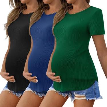 Imagem de Camisas de maternidade Ekouaer de malha canelada de manga curta, 3 peç