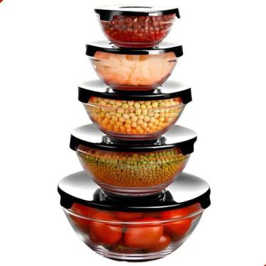 Imagem de Jogo Com 5 Potes De Vidro Herméticos Com Tampa Tigela Redondo Marmita 