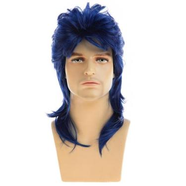 Imagem de Peruca Baruisi Blue Mullet para homens, anos 70, 80, Halloween Cosplay